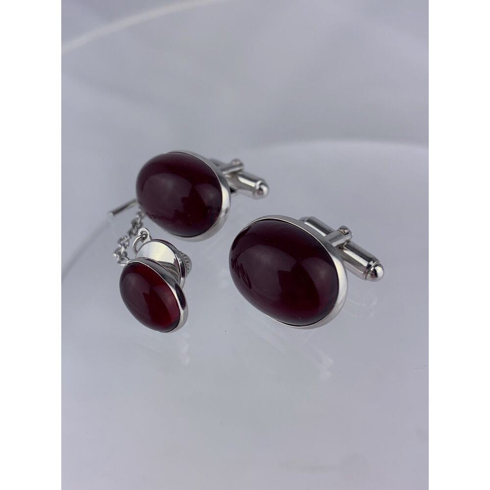 Red Cabochon Silver Tone Cufflinks Tie Pin Acrylic Oval Anson Vintage - Picture 3 of 6